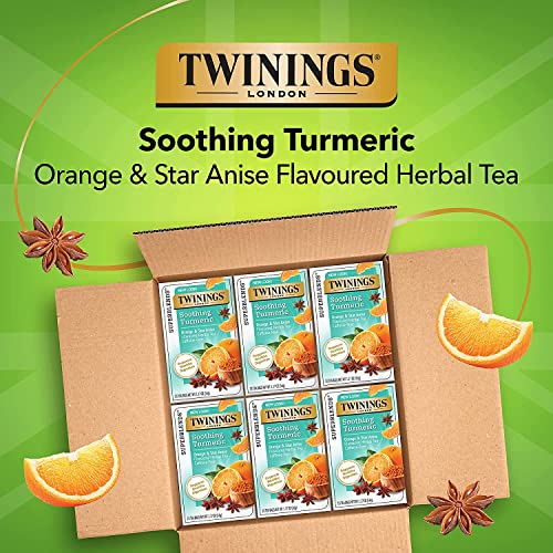 Image of Twinings Superblends Soothing Turmeric Orange & Star Anise Flavoured Herbal Tea, Caffeine-Free, Supports Digestion, 18 Tea Bags,36 Grams