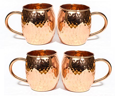 Moscow Mule Mug - 100% Pure Solid Copper, 16 Oz Unlined, No Nickel Interior, Handcrafted Hammered Design set of 4 (4 pcs)