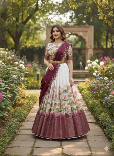 Image of ZITON Women's Indian Traditional Kanjivaram Silk Pure Weaving Lehenga Choli Along With Dupatta And Blouse Piece, Half Saree (Unstitched)