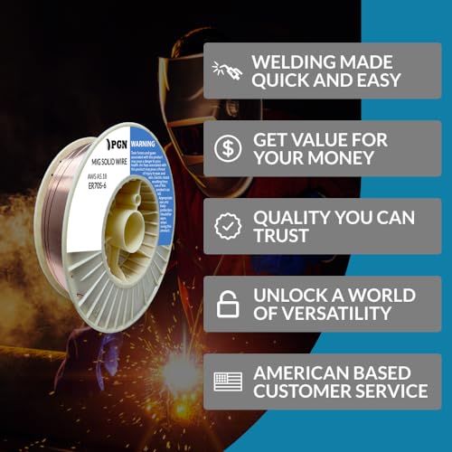 PGN Solid MIG Welding Wire - ER70S-6 .035 Inch, 44 Pound Spool - Mild Steel MIG Wire with Low Splatter and High Levels of Deoxidizers - For All Position Gas Welding - Shatterproof ABS Spool