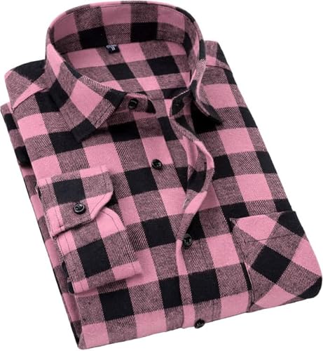 Cromoncent Men's Casual Plaid Flannel Long Sleeve Button Down Shirt,Pink Black,XX-Large
