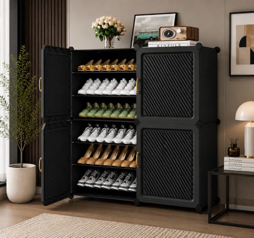Image of Plastic Shoe Rack for Home with Door | 12-Shelf DIY Shoe Cabinet Organiser | Stores 24 Pairs | Foldable & Waterproof Shoe Stand for Entryway, Bedroom (Grey-HS, 12-Layer)