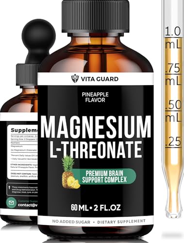 Vita Guard Magnesium L-Threonate Liquid Drops – 500mg High-Absorption Brain Support, Pineapple Flavor, 60ML Vegan, Gluten-Free, Non-GMO