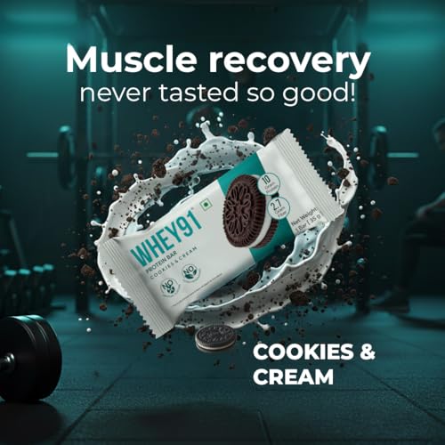 Image of Whey91 Cookies & Cream Protein Bar, 10g Protein & 2.7g Fiber in each, No Preservatives, No Artificial Flavours, 210g- (Pack of 6)