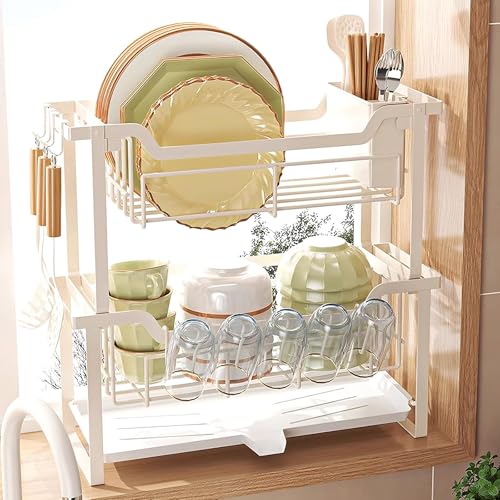 Abtropfgestell für die Spüle, Karbonstahl, Küchenorganizer mit Ablaufschale und 5 Haken, platzsparender Caddy für Küche und Bad