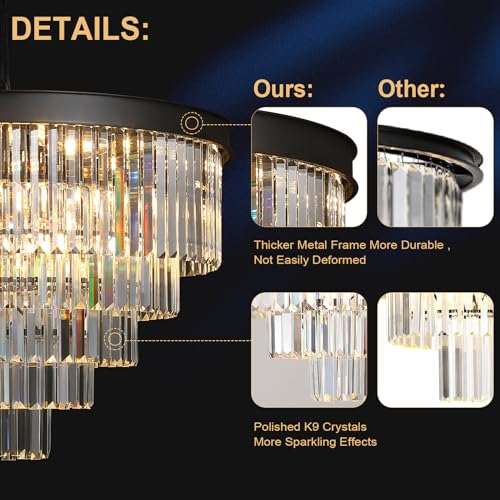 Image of Large Crystal Chandelier Modern Black 30 inch Round Light Fixture Staircase