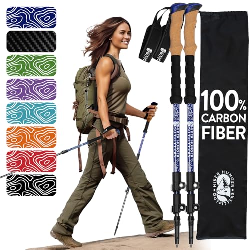 100% Carbon Fiber Trekking Poles by USA Brand - Ultra Strong Lightweight Collapsible Hiking Poles with Cork and EVA Foam Grips & Quick Adjustable Flip Locks by Hiker Hunger Outfitters - Used condition - US$59.49