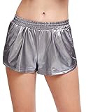 SweatyRocks Women's Yoga Hot Shorts Shiny Metallic Pants Silver Grey L