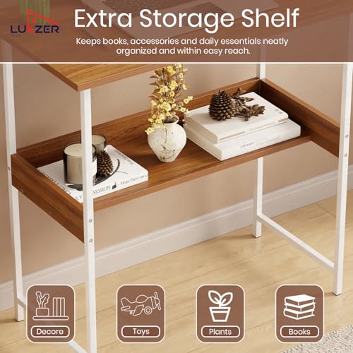 Image of Lukzer Study Desk with Open Storage Shelf | MST-004S /White & Oak Brown | Durable Metal & Wooden Study Table for Home & Office | Space-Saving Laptop /Computer Workstation for Students & WFH(75x40x75 cm)