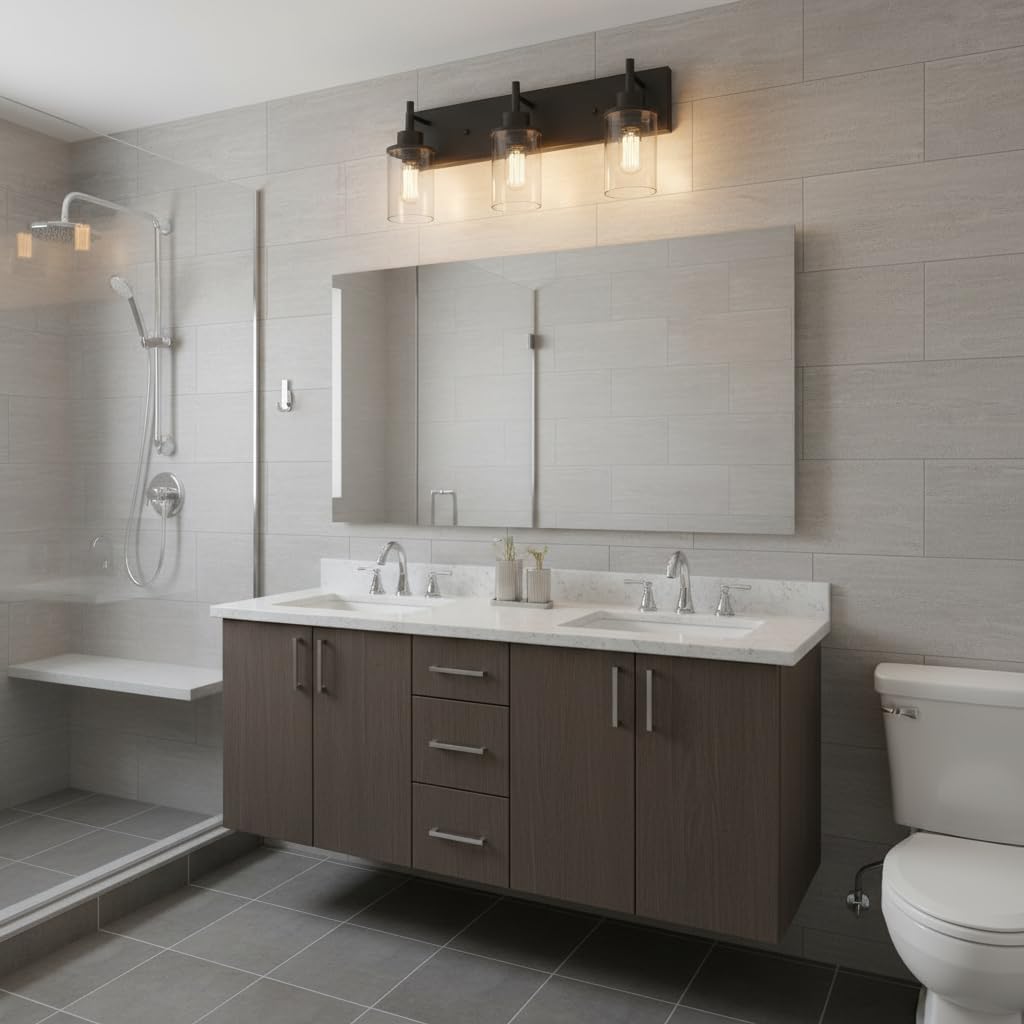 Vanity Light Fixtures, Matte Black Bathroom Light Fixtures Over Mirror, Modern Wall Sconces Lamp with Clear Glass Shade (3 Light)