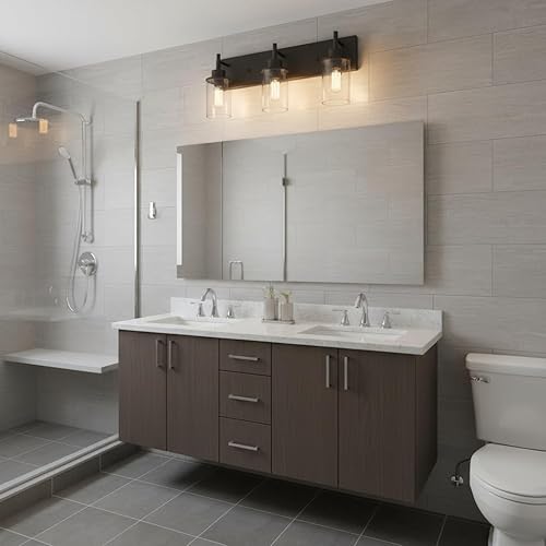 Miniatura 6 de Lámparas de tocador, lámparas de baño negro mate sobre el espejo, lámpara moderna de apliques de pared con pantalla de vidrio transparente (3 luces)