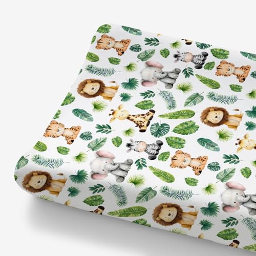 Image of HawSkgFub African Safari Jungle Animal Eucalyptus Leaf Changing Pad Cover Baby Girl Boy, Giraffe Elephant Lion Palm Leaf Diaper Change Table Sheet, Stretchy Safe Snug Fitted Changing Mat 32"/34" x 16"