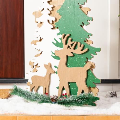 Image of Glitzhome 35.5 inchH Wooden Christmas Tree Porch Sign,Standing Porch Decor with Reindeer and Pinecone,Merry Christmas Welcome Sign for Holiday Front Porch Outdoor Decorations