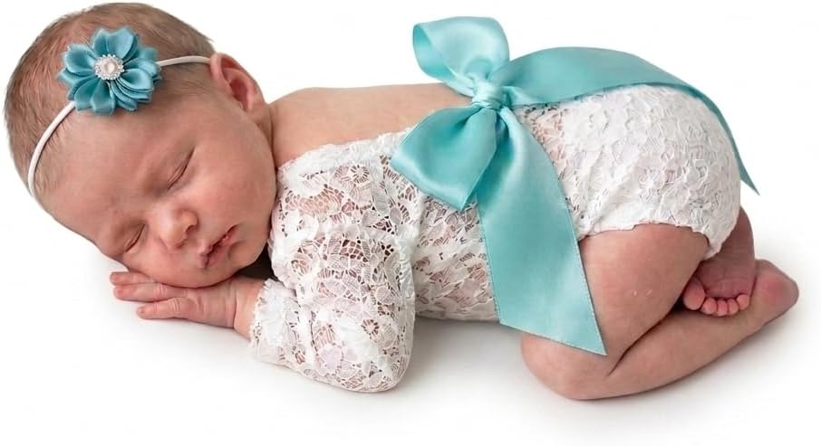 Newborn Girl Photography Outfits, Backless Lace Romper with Flower Headband Photo Props, Baby Girl Photoshoot Outfits