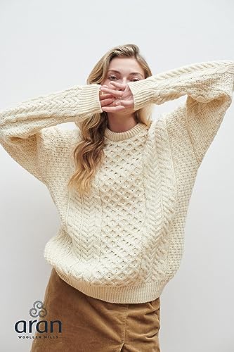 Image of Aran Woollen Mills Women's Irish Wool Sweater 100% Real Traditional Knit Pattern(XX-Large) Natural