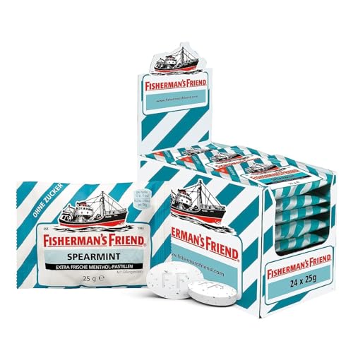 Fisherman's Friend Spearmint, 24er Vorratsbox, grüne Minze und Menthol Geschmack, zuckerfrei & vegan, Bonbons für frischen Atem, 24 x 25g