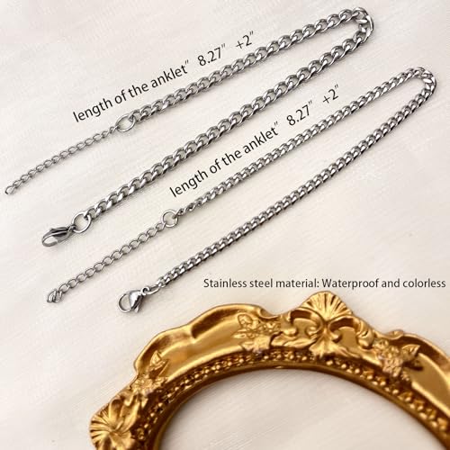 Image of Silver Ankle Bracelets for Women Waterproof Stainless Steel Anklet Adjustable Layered Cuban Silver Anklets Set Summer Beach Foot Jewelry Gift