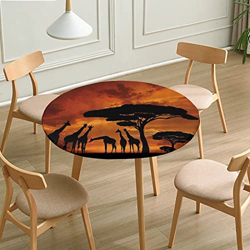 Songyi African Elastic Round Table Cloth, Waterproof Wipeable Tablecloth With Elastic Edge, Sunrise With Giraffe Pattern, Restaurant Kitchen Table Cover, Fits Tables 28''-32'', Burnt Orange And Black #TOP1