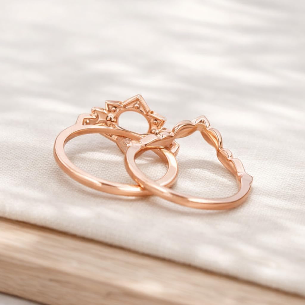 Opal Floral Halo Bridal Ring Set for Women 14K Rose Gold Vintage Engagement Ring Set Diamond Cluster Wedding Ring Set Boho Promise Jewelry Gift for Her