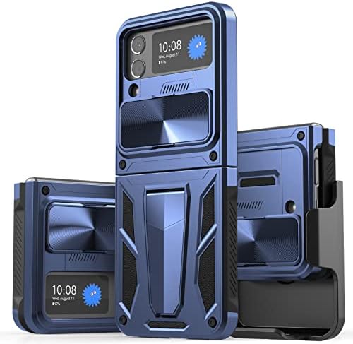 CASESTAR Military Armor Series Case for Samsung Galaxy Z Flip 3，Build-in Kickstand & Camera Protection Sliding Cover - (Metallic Blue)