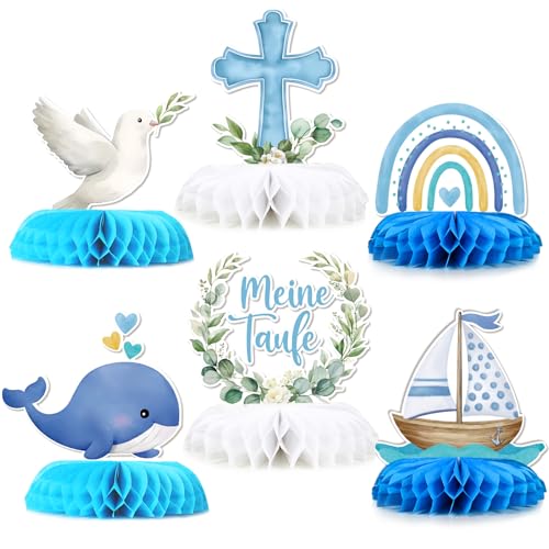 BETESSIN Taufe Deko Junge Blau - 6 Stück Meine Taufe Tischdeko mit niedlichen Motiven - Bienenwabe Mittelstück - Taufdeko für Junge & Mädchen
