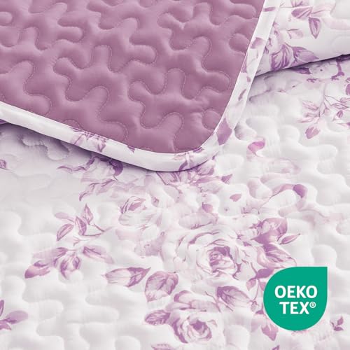 Image of Andency Quilt Twin Size, Purple Flower Bedspread Twin Size, 3 Pieces Soft Bedding Set for Women Teen Girls, Lightweight Coverlet Set for All Season with 2 Pillowcases (68 inchx86 inch)