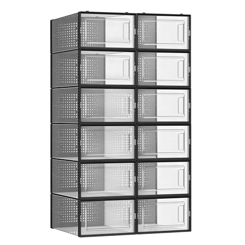 SONGMICS Schuhboxen, 12er Set, Schuh-Organizer aus Kunststoff, faltbar und stapelbar, für Schuhe bis Größe 44, transparent-tintenschwarz LSP006B12