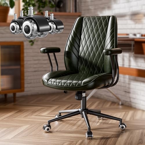 JULYMON Green Leather Office Desk Chair with Quiet Rubber Wheels Height Adjustable Padded Arms Vintage Mid Century Office Chair Retro Style Desk Chair