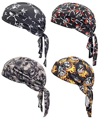 Supeniu Doo Rags Beanie Skull Caps Helmet Liner Sweat Wicking Hard Hat Motorcycle Cooling Dew Rag Large Headwrap Cosplay Pirate Do Rags for Men and Women (Skull 4 Pack)