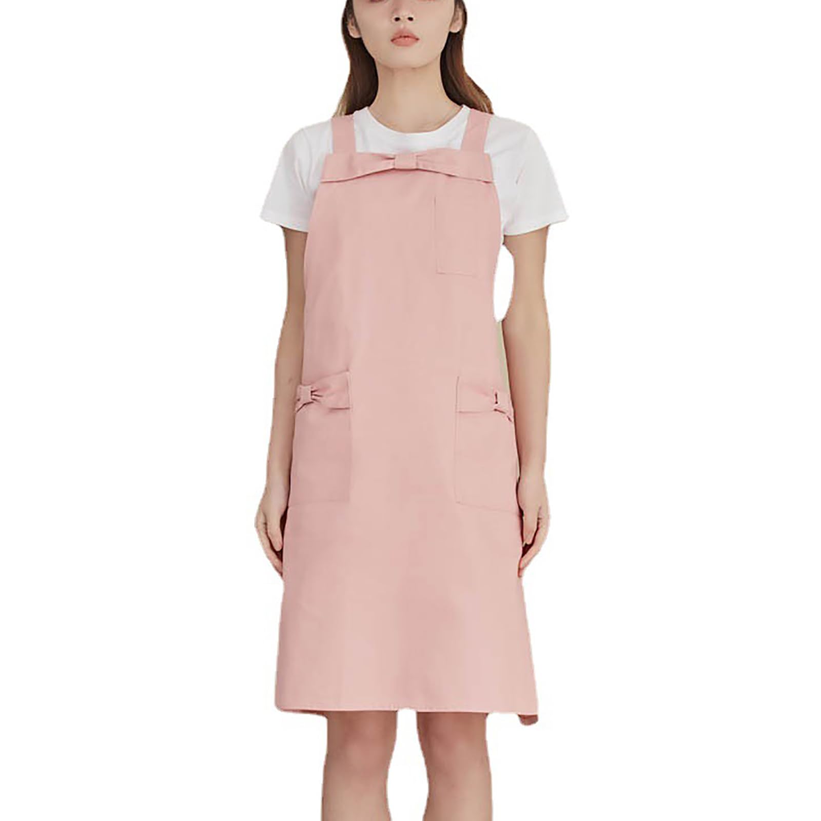 Tablier De Cuisine pour Femme, Tablier De Travail Réglable À Dos Croisé, Joli Tablier Imperméable À Nœud avec Poches,One Size,Pink
