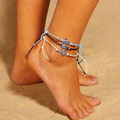 Image of Softones Blue Starfish Turtle Anklet Multilayer Charm Beads Sea Handmade Boho Anklet Foot Jewelry for Women