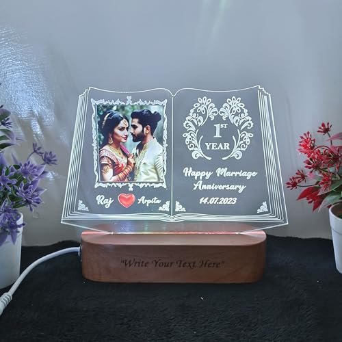 Image of Personalized 3D Illusion LED Table Lamp Book Shape Customized Photo Lamp for Couple Gift Anniversary, Wedding, Marriage, Valentine Day- Your Wooden Base Text Egraved, Multicolor Light