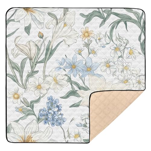 BOESI Doodle Colorful Flower Pattern Baby Play Mat, 50“ X 50” Washable Folding Crawling Mat, Baby Floor Mat, Soft, Thick, Non-Slip