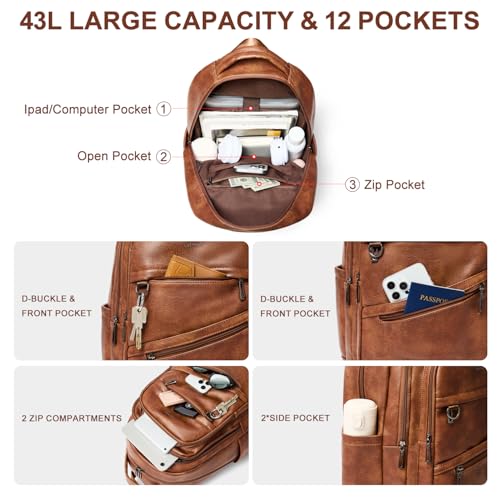 43L Backpack for Women Men - Vegan Leather Backpack Purse Travel Carry-on Bag College Bookbag Work fits 17" Laptop, Brown4