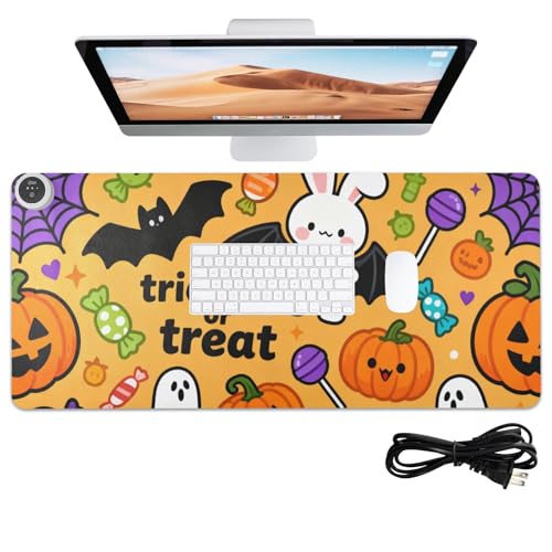 Alfombrilla de ratón grande con calefacción de poliuretano naranja de Halloween de 31.5 x 13 pulgadas, antideslizante, para escritorio de computadora, accesorios de juegos