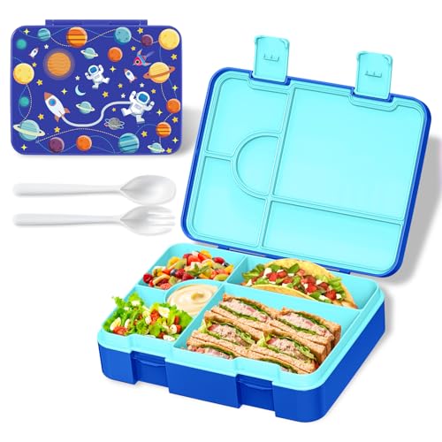Image of Bento Lunch Box for Kids, Leak-Proof 5-Compartment Cute Lunchbox for Boys Girls, Drop-Proof, Food Container Microwave & Dishwasher Safe, Back to School Supplies for Ages 3 to 7, Blue /Astronaut