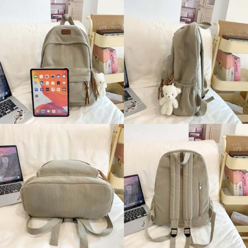 Teclado Kawaii Backpack with Cute Accessories Corduroy Casual Bookbags with Pendants Lightweight Laptop Bag Travel Daypacks (Grey)4