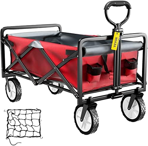 VEVOR Wagon Cart, Collapsible Folding Cart with 176lbs Load, Outdoor Utility Garden Cart, Adjustable Handle, Portable Foldable Carts and Wagons for Beach, Camping, Grocery, Red/Gray