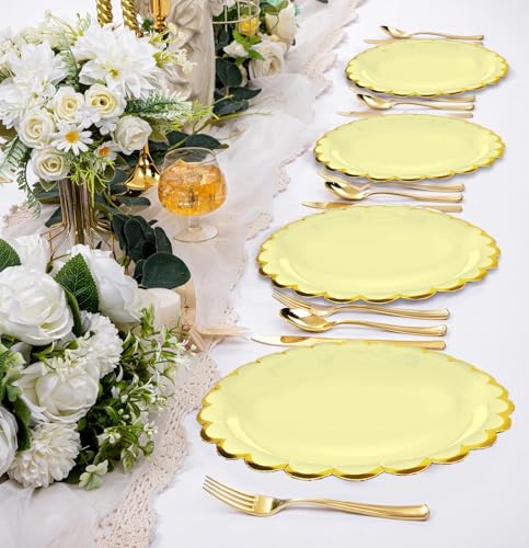 Image of HEIPINIUYE 50 Pieces Yellow Paper Plates with Gold Foil 7 Inch Disposable Yellow Scalloped Dinner Plates for Wedding Baby Shower Birthday Party
