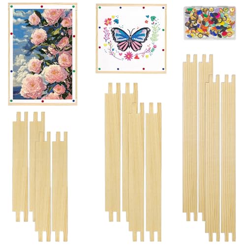 6 Sets Stretcher Bars for Needlework with 100 Pcs Thumb Tacks 3 Size 6 8 10 Inch 12 Pcs Wooden Canvas Frame for Embroidery Stitch Frame Set Bundle with Art Crafts Supplies for Womens Birthday Gifts