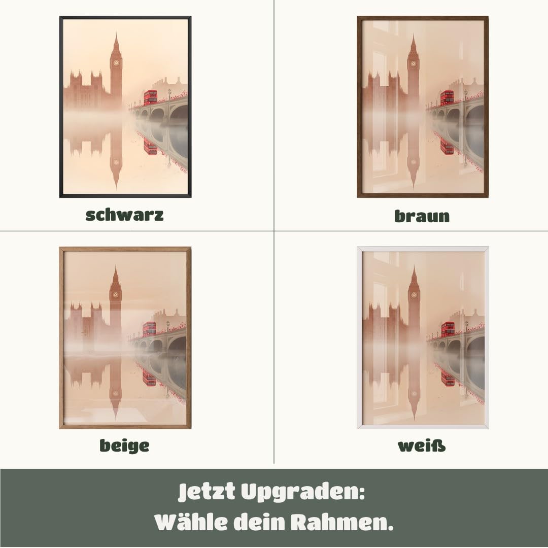 MJ-GRAPHICS® Poster Big Ben Kunstdruck London Bus Wandbild minimalistisch Beige Wohnzimmer Deko reflektierende Szene urbaner Stil klassisch urbane Ästhetik A2 mit braunem Rahmen