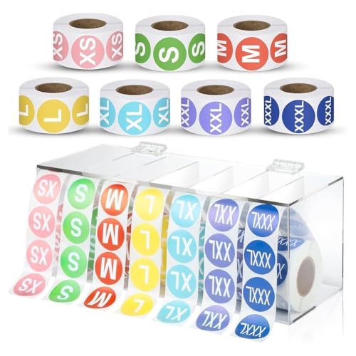 FACAIIO Distributeur de rouleaux d'autocollants en acrylique avec 3500 étiquettes de taille, t-shirts, vêtements et organisation de l'inventaire