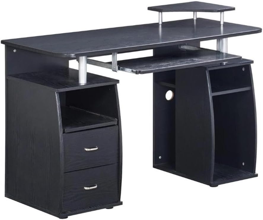 Pemberly Row Modern Wood Computer Desk, 48 in Wide, Espresso Finish, MDF Wood, Slide Out Keyboard Tray, Raised Printer Platform, Ventilated CPU Stand, 2 Drawer Office Workstation