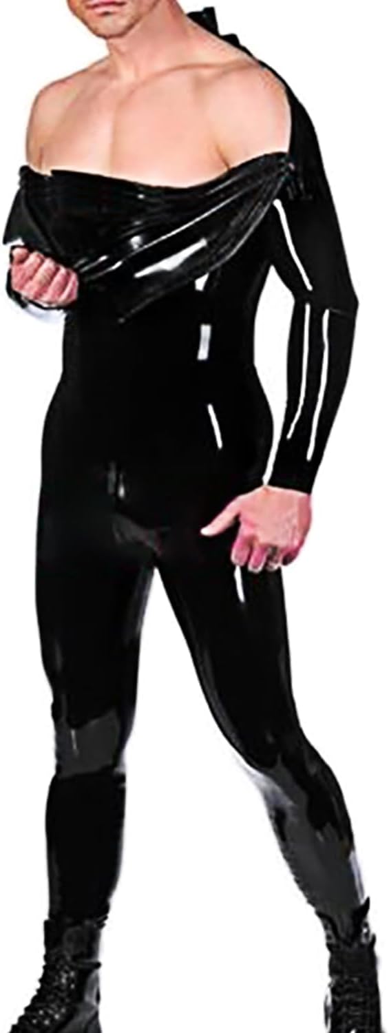 ABWL Black Latex Bodysuit for Men,Handmade Rubber Catsuit with Double Shoulder Zipper and Crotch Zipper for Club Costume