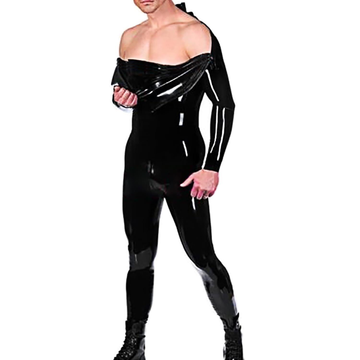 Noir Combinaison Latex Homme,Caoutchouc Combinaison,Fermetures Éclair Épaules et à Éntrejambe,aux Cosplay Costume