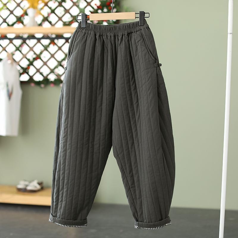 Women Winter Warm Down Cotton Pants Thicker Padded Quilted Pants Relaxed Fit Wide Leg Trousers with Pockets Grey4