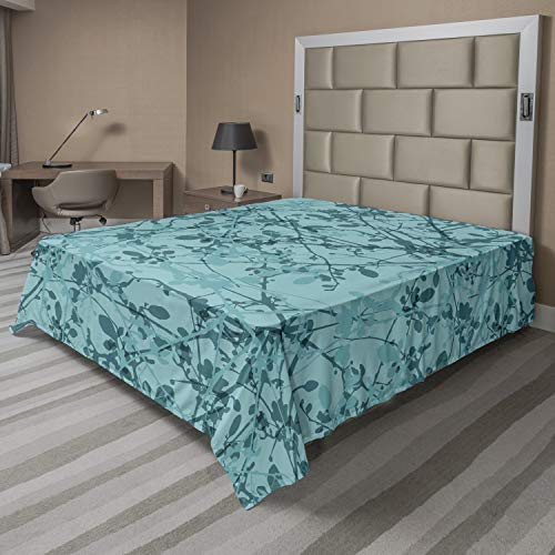Ambesonne Teal Flat Sheet, Ink Drawing Inspired Intertwined Tree Branches Buds and Leaves in Abstract Design, Soft and Comfortable Top Sheet Decorative Bedding 1 Piece, Full Size, Teal Turquoise