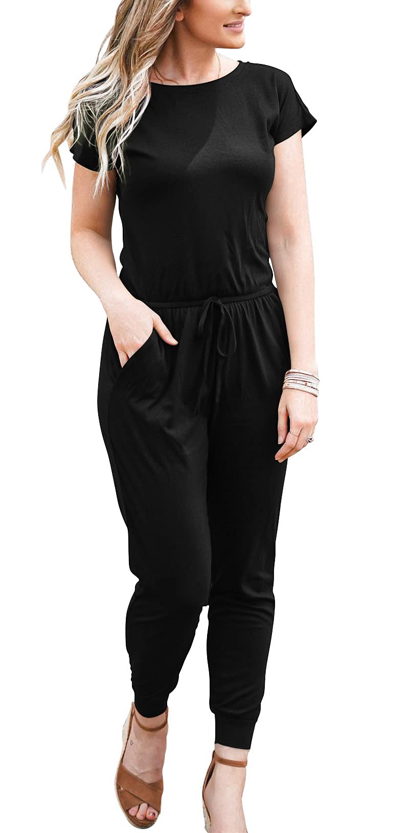 DEARCASE Damen Elegant Schulterfrei Lose Jumpsuit Kurzarm/Langarm Playsuit Dehnbar Overall Hosenanzug Elastische Taille Romper mit Taschen