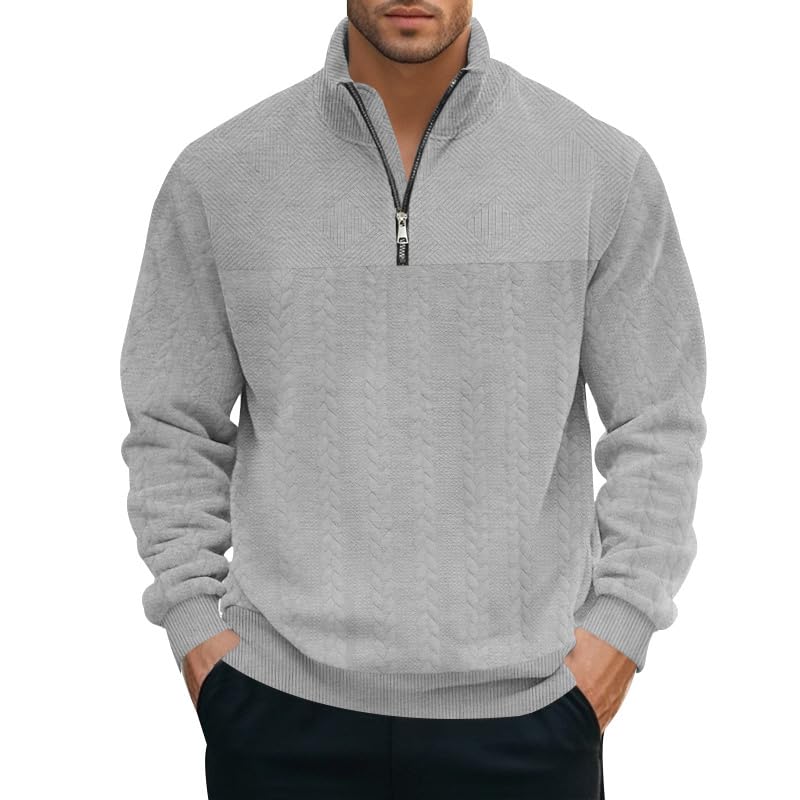 Mens Quarter Zip Pullover Quilted Sweatshirt Knit Long Sleeve Mock Neck Sweater Polo Shirt