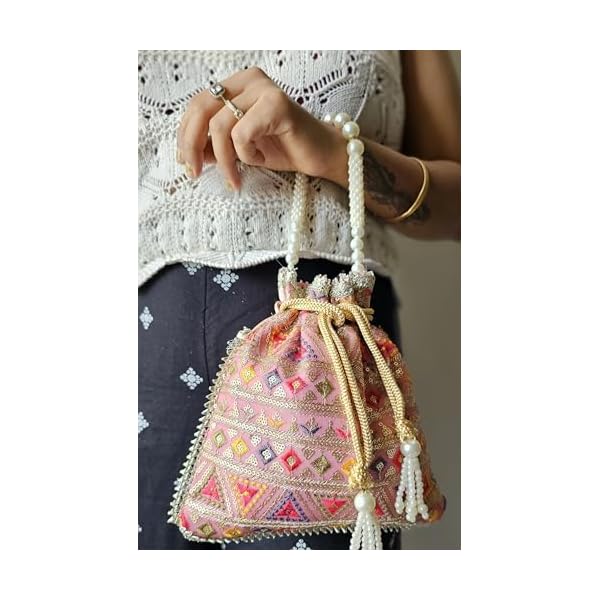 YO VINTAGE Designer Silk Potli Bag with Pearl Beaded Wristlet for Women and Girls with Handmade Embroidery ideal for traditional outfits at parties/weddings| Round Drawstring handbag - Image 5